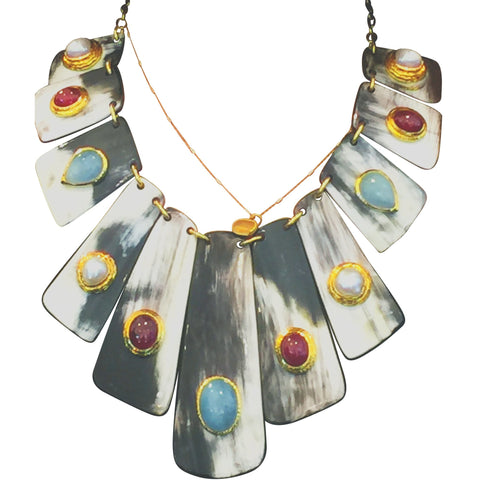 One of a kind Buffalo Horn Slice necklace with inlaid gemstones