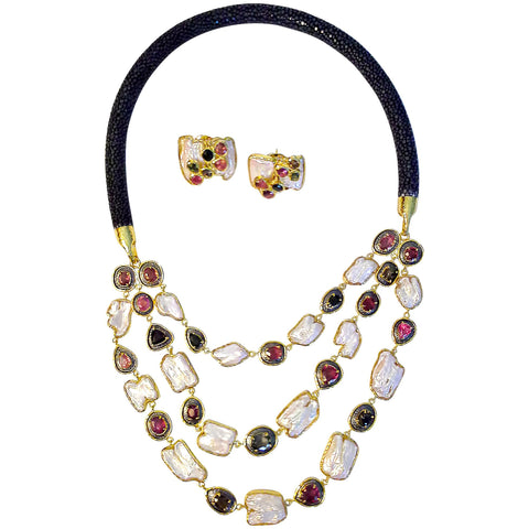 3 Strands of Bezel Set Tourmalines and Pearls with Stingray Collar Necklace