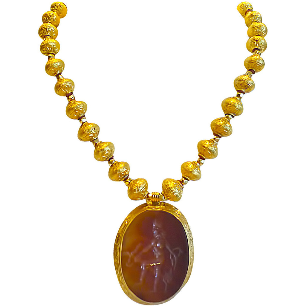 Wear a Piece of History! Golden wax beads with carved carnelian stamp pendant