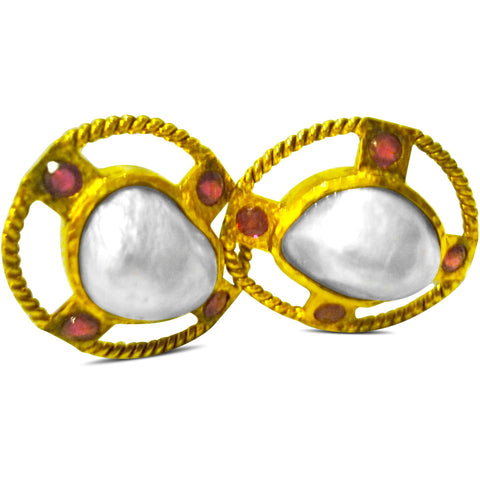 Timeless Mabe Blister Pearl Earrings with Rubies