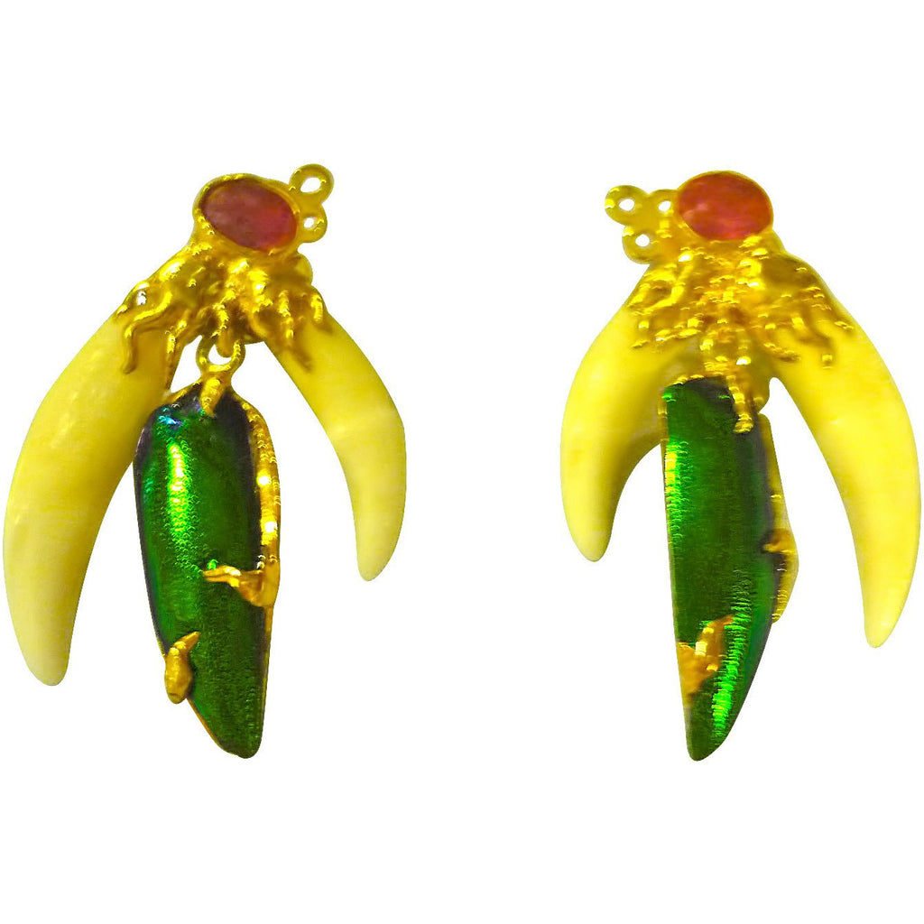 Emerald Green Beetle Wing and Bone Earrings
