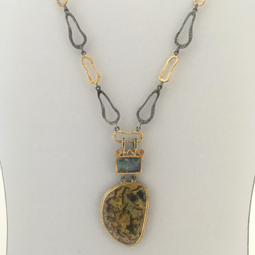 One-of-a-kind Golden Jasper and Labradorite pendant necklace with handmade link chain