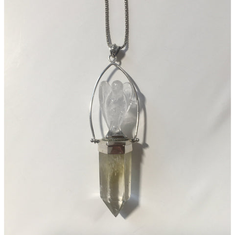 Carved crystal angel with quartz crystal pendant