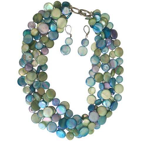 Multi strand Mother of Pearl torsade necklace with matching earrings